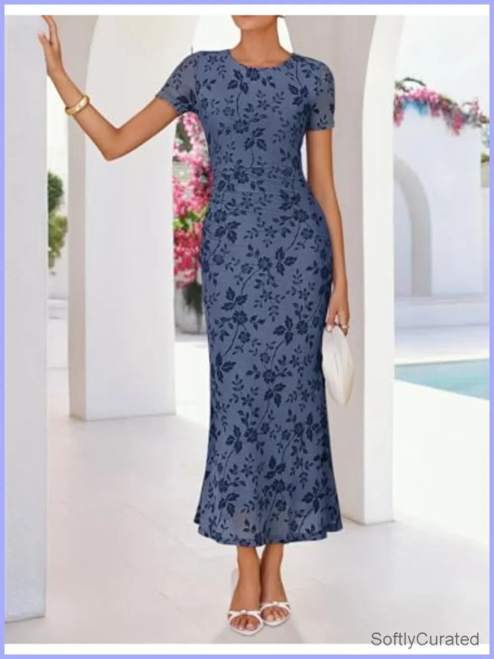 Women's Floral Short Sleeve Bodycon Long Dress Ruched Mesh Formal Cocktail